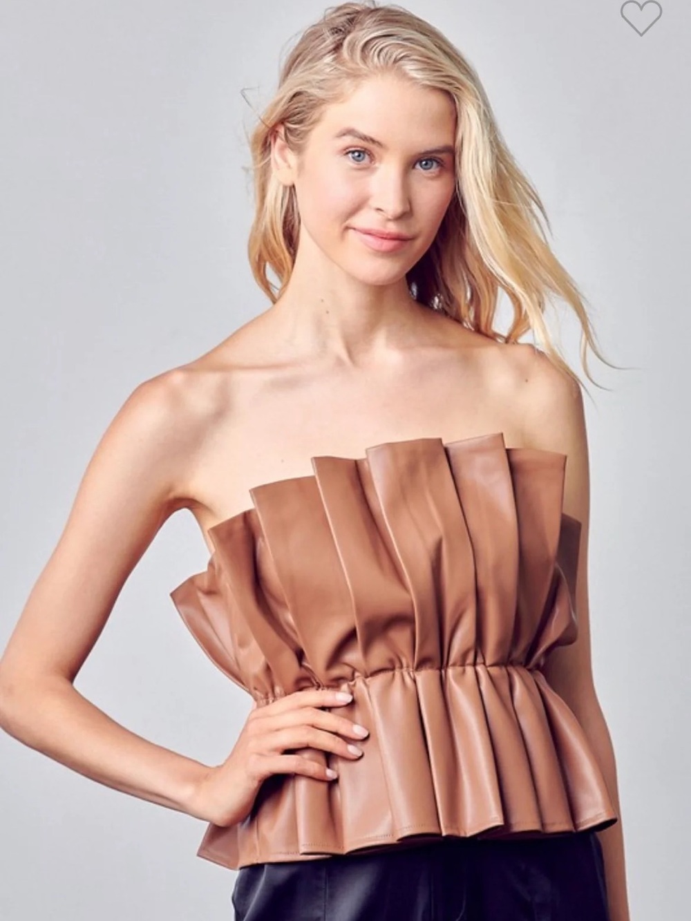 DO+BE Strapless Ruffle Faux-Leather Top in Brown